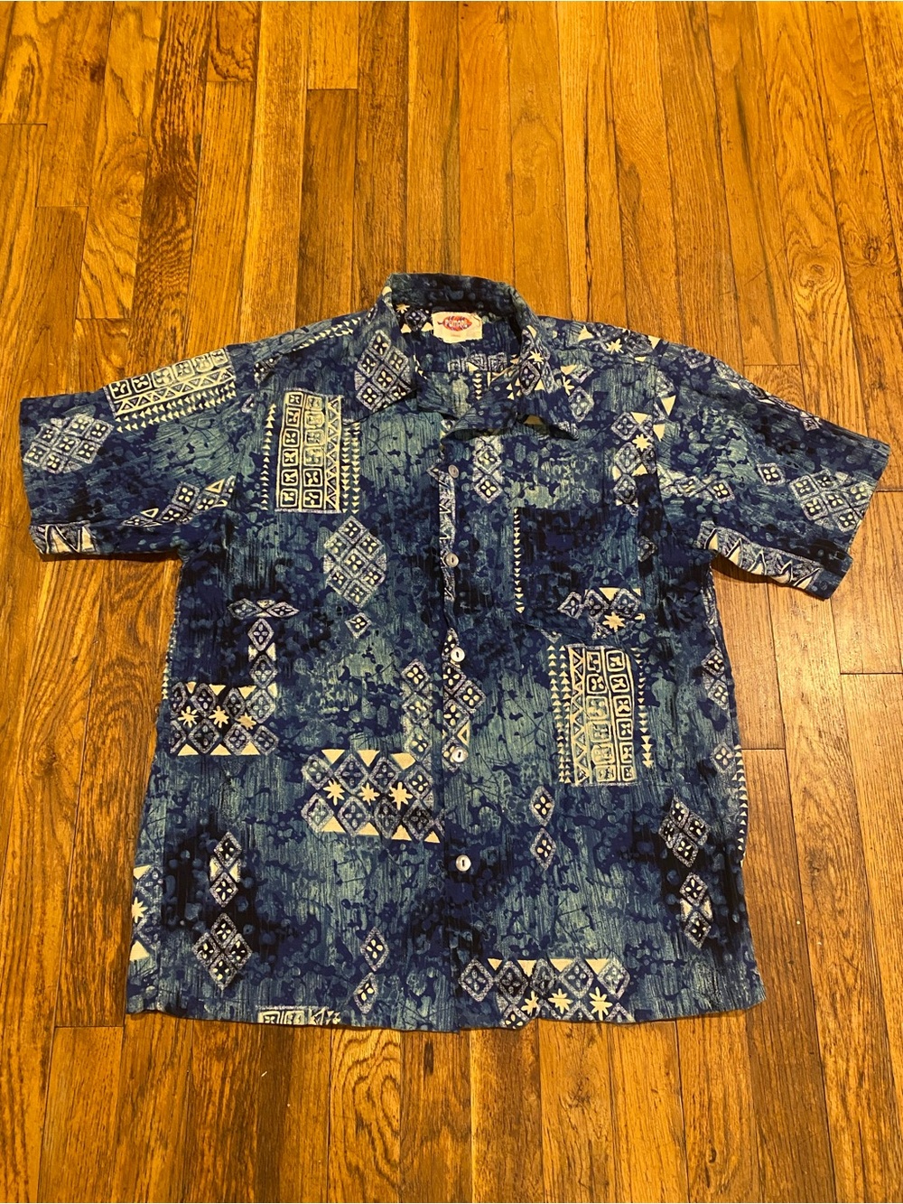Vintage 60’s Pomare Hawaiian Bark Cloth Shirt Blue Tribal Size M
